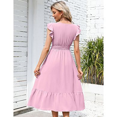 Women's V Neck Short Sleeve Dress High Waist A line Dress Flowy Ruffle Shirred Swing Midi Dresses