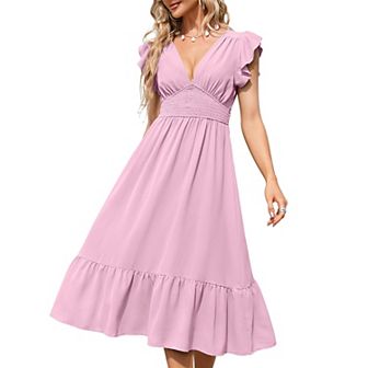 Women's V Neck Short Sleeve Dress High Waist A line Dress Flowy Ruffle Shirred Swing Midi Dresses