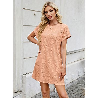 Womens Casual Short Sleeve Crewneck Loose Trendy T Shirt Mini Dresses with Pocket