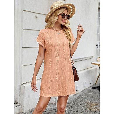 Womens Casual Short Sleeve Crewneck Loose Trendy T Shirt Mini Dresses with Pocket