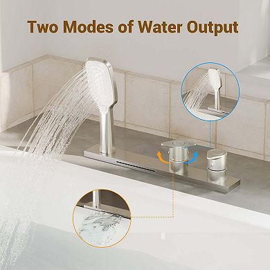 Waterfall Deck-Mount Bathtub Filler Faucet with 2-Fuction Handheld Shower and Diverter