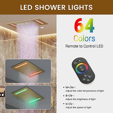 20"x14" Flush-Mount Rainfall Complete Shower System with Silde Bar and 64 Colors LED