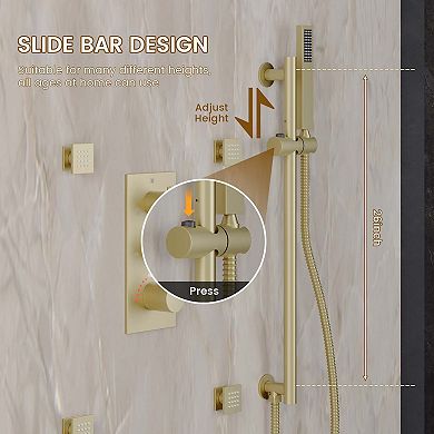 3-Function 12" Thermostatic Complete Rainfall Shower System with 4 Body Jets and Slide Bar