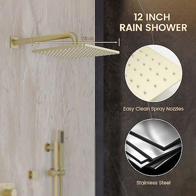 3-Function 12" Thermostatic Complete Rainfall Shower System with 4 Body Jets and Slide Bar