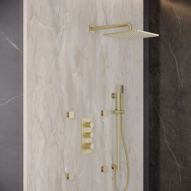 3-Function 12" Thermostatic Complete Rainfall Shower System with 4 Body Jets and Slide Bar