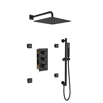3-Function 12" Thermostatic Complete Rainfall Shower System with 4 Body Jets and Slide Bar