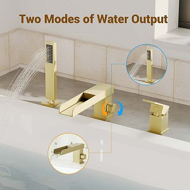 Waterfall Deck-Mount Bathtub Filler Faucet with Diverter and Handheld Shower