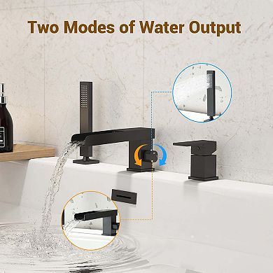 Waterfall Deck-Mount Bathtub Filler Faucet with Diverter and Handheld Shower