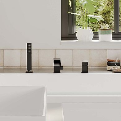 Waterfall Deck-Mount Bathtub Filler Faucet with Diverter and Handheld Shower