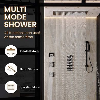 32"x16" Flush Mounted 3-Function Thermostatic Complete Shower System with Body Jets and Slide Bar