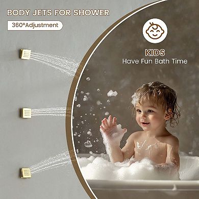 20"x14" Flush-Mount Rainfall Complete Shower System with LED Light, Silde Bar and 3 Body Jets