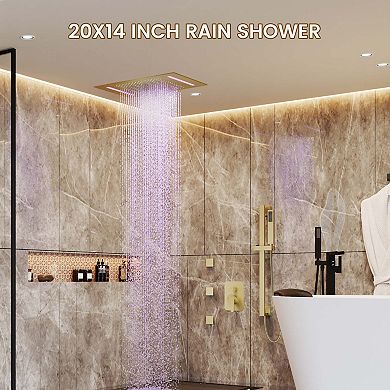 20"x14" Flush-Mount Rainfall Complete Shower System with LED Light, Silde Bar and 3 Body Jets