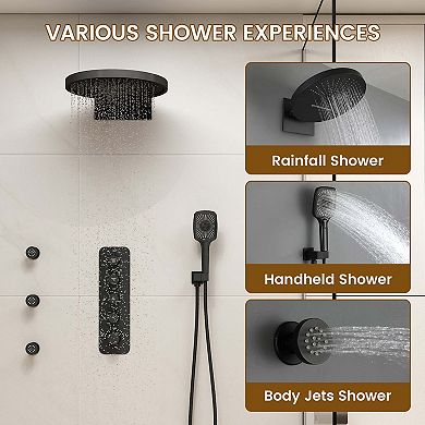 16" Wall Mounted Thermostatic Complete Shower System with 3-Function Handheld Spray and 3 Body Jets