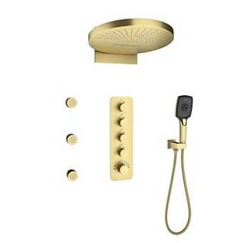 16" Wall Mounted Thermostatic Complete Shower System with 3-Function Handheld Spray and 3 Body Jets