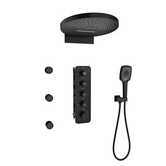 16" Wall Mounted Thermostatic Complete Shower System with 3-Function Handheld Spray and 3 Body Jets
