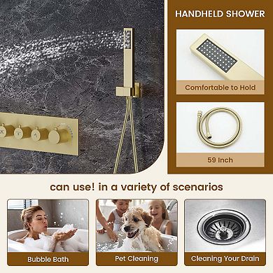 28"x15" 4-Function Flush Mounted Thermostatic Shower System with LED Light and Bluetooth Music