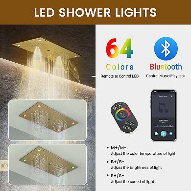 28"x15" 4-Function Flush Mounted Thermostatic Shower System with LED Light and Bluetooth Music