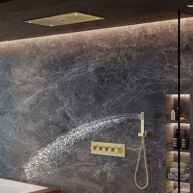 28"x15" 4-Function Flush Mounted Thermostatic Shower System with LED Light and Bluetooth Music