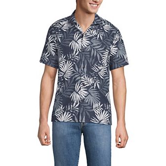 Men's Lands' End Short Sleeve Linen Hawaiian Camp Collar Shirt