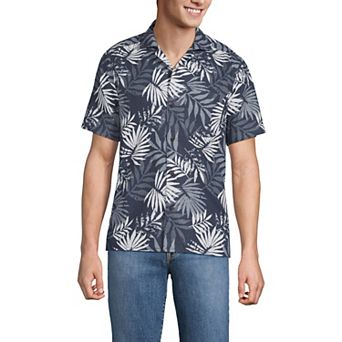 Men's Lands' End Short Sleeve Linen Hawaiian Camp Collar Shirt