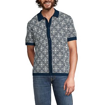 Men's Lands' End Short Sleeve Tile Jacquard Button Down Sweater Polo