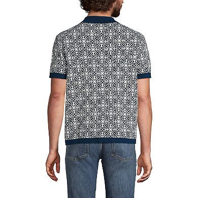 Men's Lands' End Short Sleeve Tile Jacquard Button Down Sweater Polo