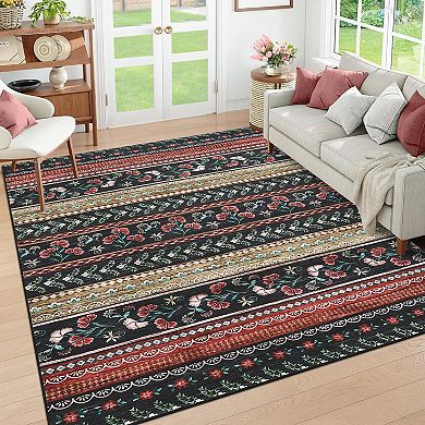 Garvee Modern Striped Area Rug with Blossoming Flowers Perfect for Living room Kitchen