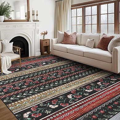 Garvee Modern Striped Area Rug with Blossoming Flowers Perfect for Living room Kitchen