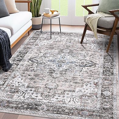 Garvee Machine Washable Vintage Distressed Floral Printed Area Rug for Living Room