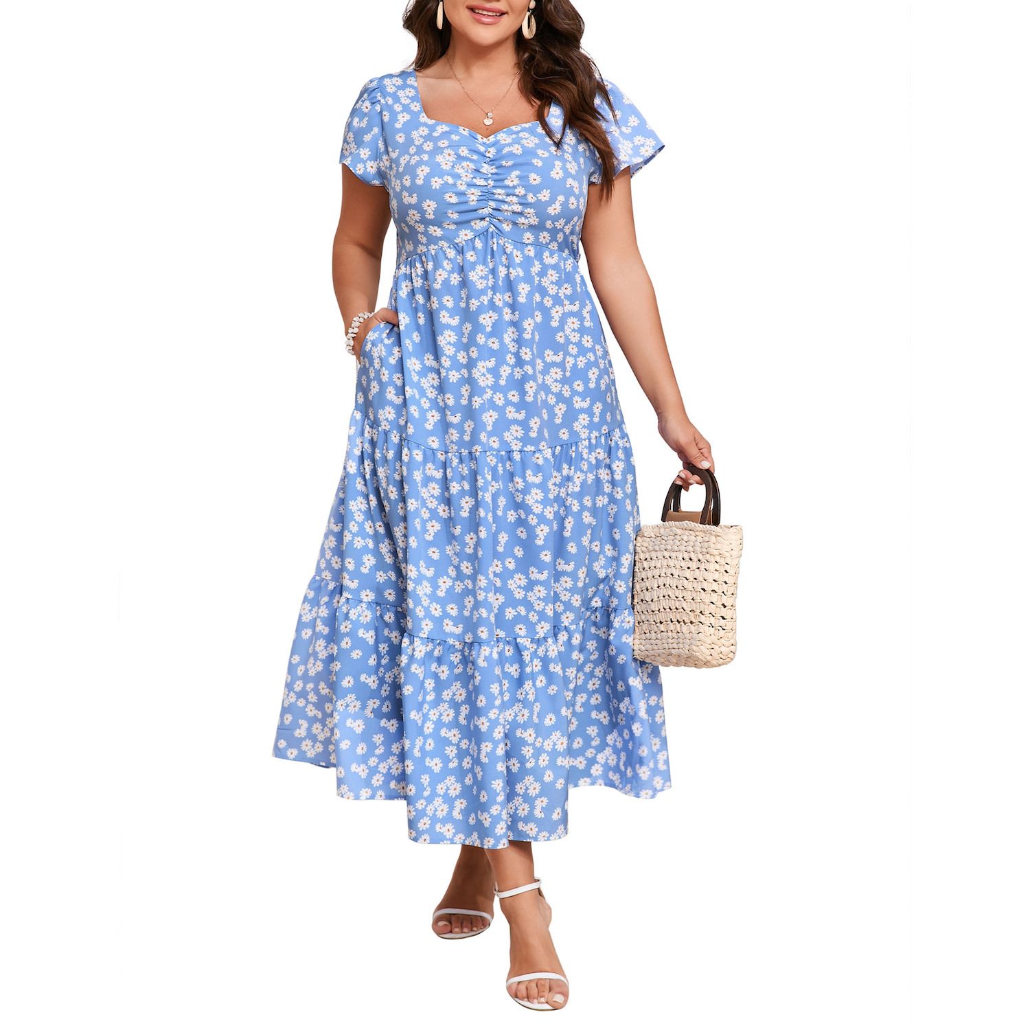 Женские платья Plus Size Dress Short Sleeve Maxi Dress Floral Ruffle Dress Sweetheart Neck Summer Dress