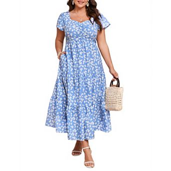 Womens Plus Size Dress Short Sleeve Maxi Dress Floral Ruffle Dress Sweetheart Neck Summer Dress