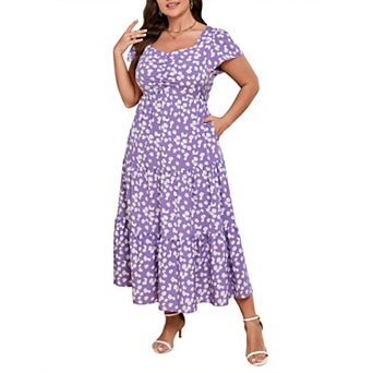 Womens Plus Size Dress Short Sleeve Maxi Dress Floral Ruffle Dress Sweetheart Neck Summer Dress