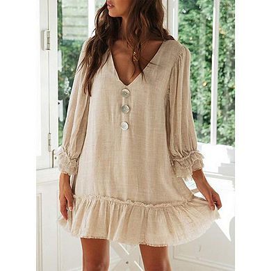 Women's V Neck Long Sleeve Babydoll Dress Ruffle Hem Flowy Loose Fit Swing Tunic Mini Dress