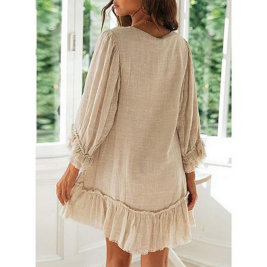 Women's V Neck Long Sleeve Babydoll Dress Ruffle Hem Flowy Loose Fit Swing Tunic Mini Dress