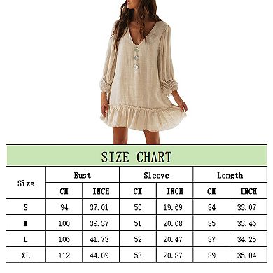 Women's V Neck Long Sleeve Babydoll Dress Ruffle Hem Flowy Loose Fit Swing Tunic Mini Dress