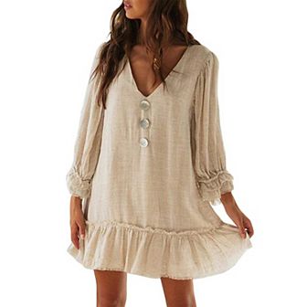 Women's V Neck Long Sleeve Babydoll Dress Ruffle Hem Flowy Loose Fit Swing Tunic Mini Dress