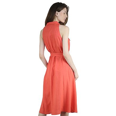 Women's Summer Linen V Neck Button Front Shirt Sleeveless Belted Collared Dress