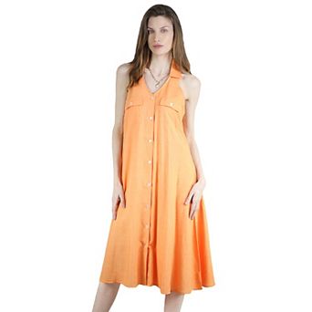 Women's Summer Linen V Neck Button Front Shirt Sleeveless Belted Collared Dress