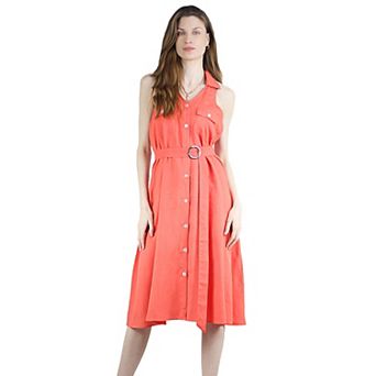 Women's Summer Linen V Neck Button Front Shirt Sleeveless Belted Collared Dress