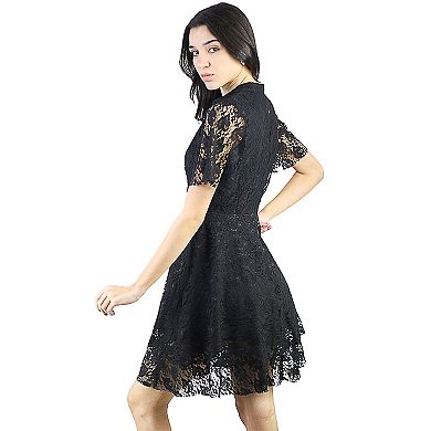 Women's Elegant Floral Lace Dress V Neck Short Sleeve Cocktail Party Dress