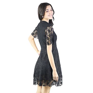 Women's Elegant Floral Lace Dress V Neck Short Sleeve Cocktail Party Dress