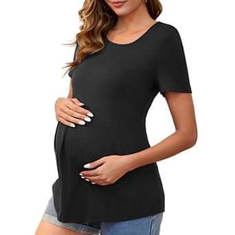 Women's Maternity Short Sleeve Crewneck Pleated Design Tiered Waist Maternity T-Shirt Top