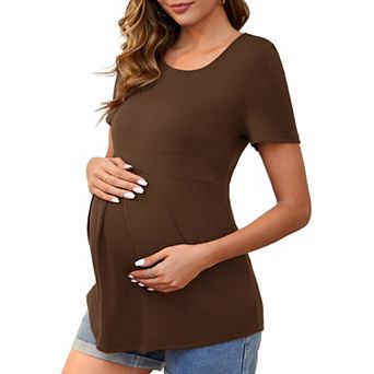 Women's Maternity Short Sleeve Crewneck Pleated Design Tiered Waist Maternity T-Shirt Top