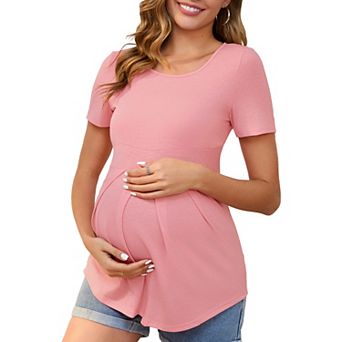 Women's Maternity Short Sleeve Crewneck Pleated Design Tiered Waist Maternity T-Shirt Top
