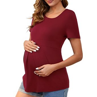 Women's Maternity Short Sleeve Crewneck Pleated Design Tiered Waist Maternity T-Shirt Top