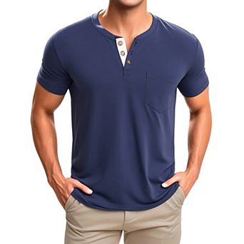 Men's Henley T-Shirts Casual Summer Short Sleeves Button Basic Tee