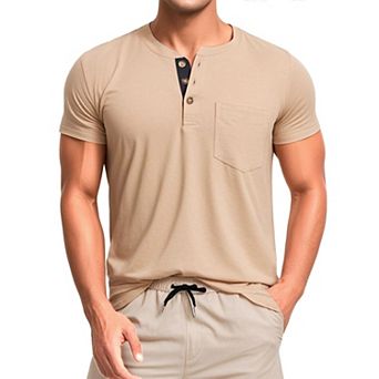 Men's Henley T-Shirts Casual Summer Short Sleeves Button Basic Tee