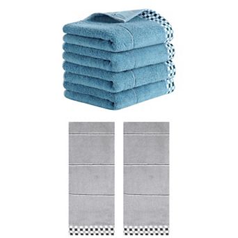 6 Pack Striped Checked Hand Towels, Absorbent Soft Decorative Towel 14"x30"