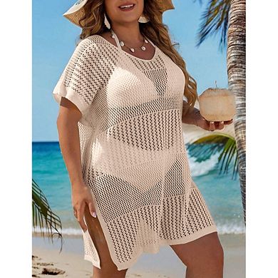 Women's Plus Size Hollow Out Split Swimsuit Cover Up Short Sleeve Sheer Beach Dress