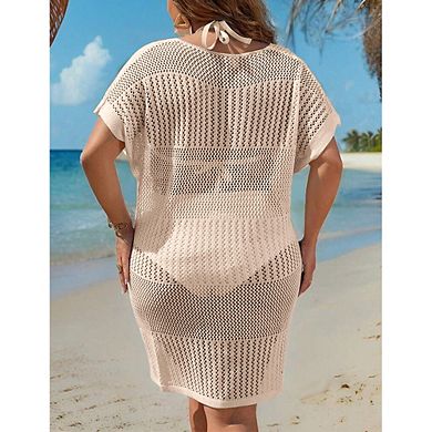 Women's Plus Size Hollow Out Split Swimsuit Cover Up Short Sleeve Sheer Beach Dress